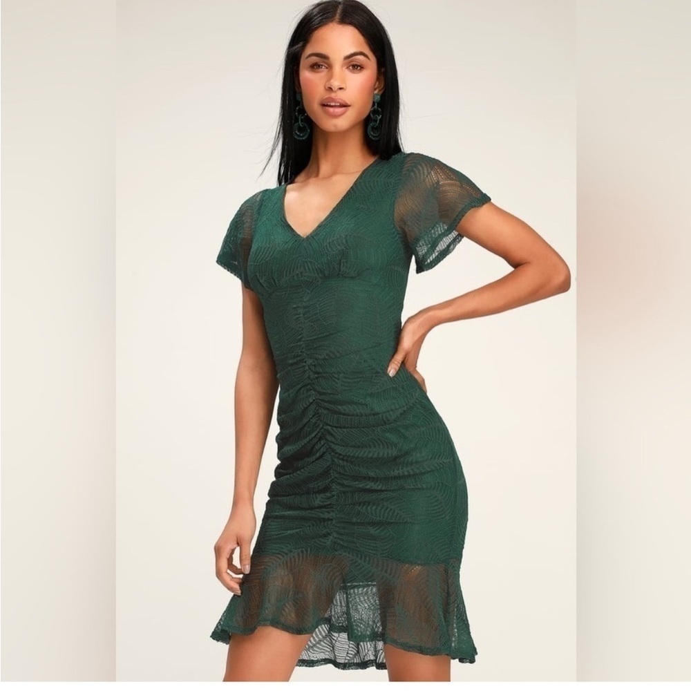 Lulus Harlou Forest Green Lace Ruched Bodycon Dress Womens Size XL Extra Large
